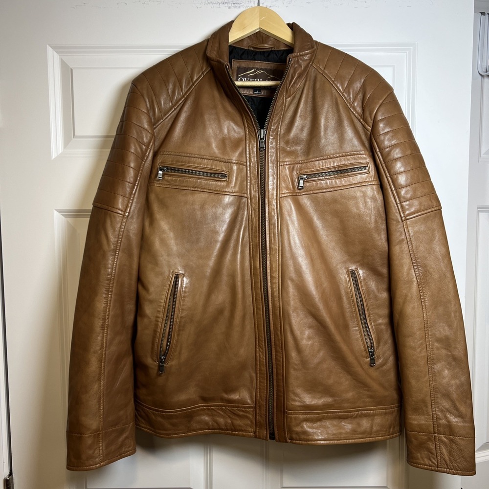 Overland Brown Leather Moto Jacket Men's L Quilted Shoulders Zip Pockets